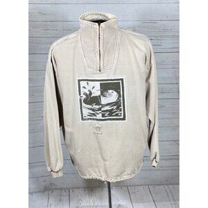 Vintage 90s By Taylor Beige 100% Cotton 1/4 Zip Distressed Pullover Unisex Sz XL